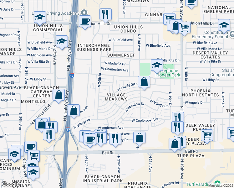 map of restaurants, bars, coffee shops, grocery stores, and more near 2239 West Shady Glen Avenue in Phoenix