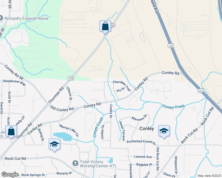 map of restaurants, bars, coffee shops, grocery stores, and more near 3945 Camellia Trail in Conley