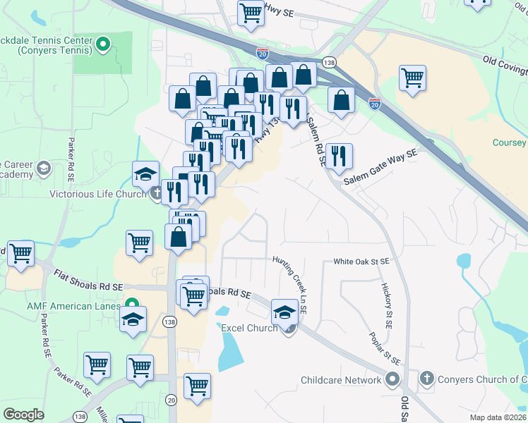 map of restaurants, bars, coffee shops, grocery stores, and more near 1653 Winchester Way Southeast in Conyers