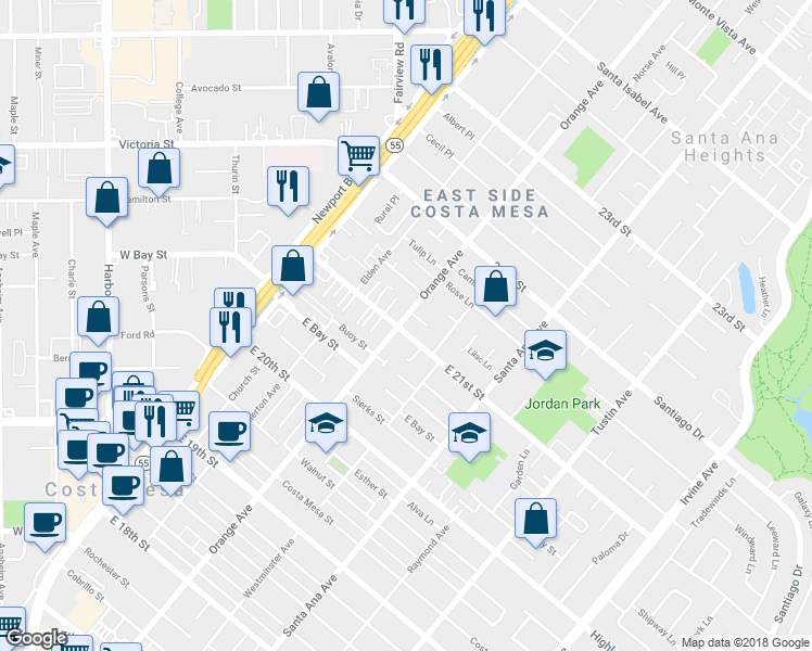 map of restaurants, bars, coffee shops, grocery stores, and more near 202 East 21st Street in Costa Mesa