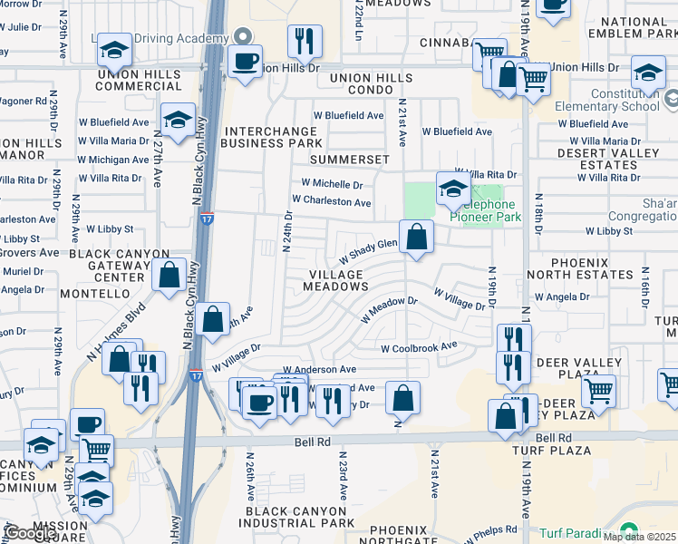 map of restaurants, bars, coffee shops, grocery stores, and more near 2239 West Shady Glen Avenue in Phoenix