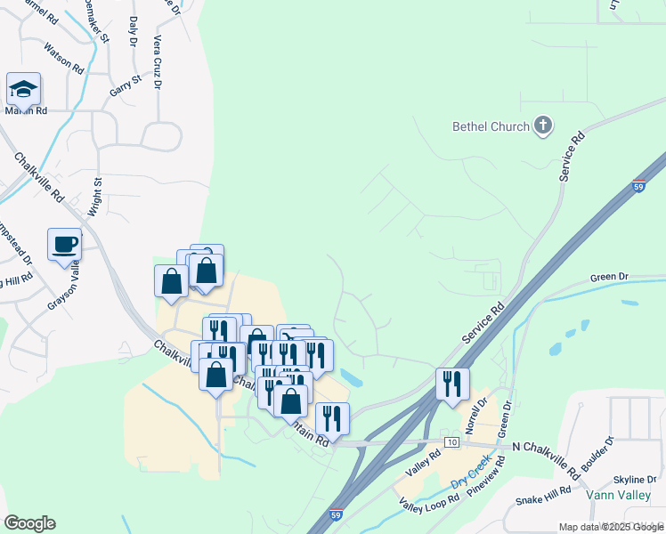 map of restaurants, bars, coffee shops, grocery stores, and more near 6490 Misty Ridge Drive in Birmingham