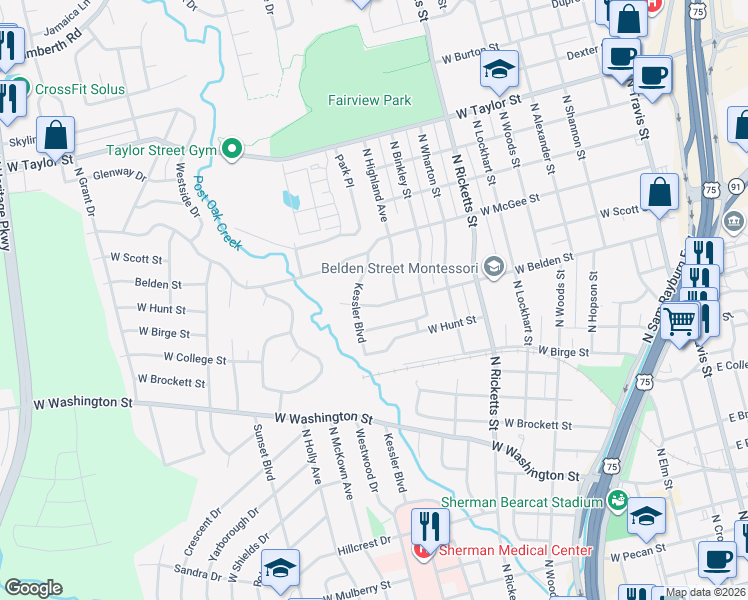 map of restaurants, bars, coffee shops, grocery stores, and more near 1015 West Belden Street in Sherman