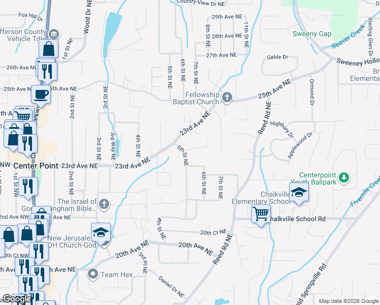 map of restaurants, bars, coffee shops, grocery stores, and more near 2261 5th Street Northeast in Center Point