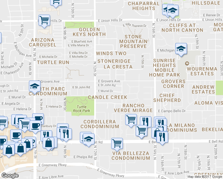 map of restaurants, bars, coffee shops, grocery stores, and more near 1314 East Muriel Drive in Phoenix