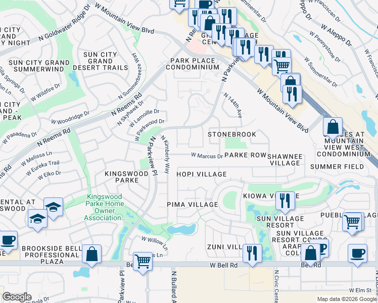 map of restaurants, bars, coffee shops, grocery stores, and more near 14626 West Marcus Drive in Surprise