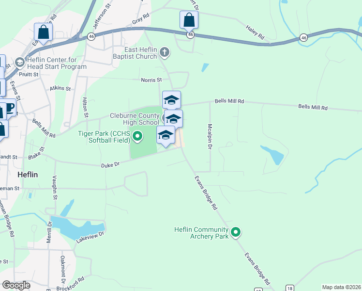 map of restaurants, bars, coffee shops, grocery stores, and more near 706 Duke Drive in Heflin