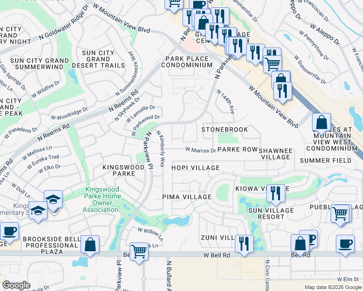 map of restaurants, bars, coffee shops, grocery stores, and more near 14626 West Marcus Drive in Surprise