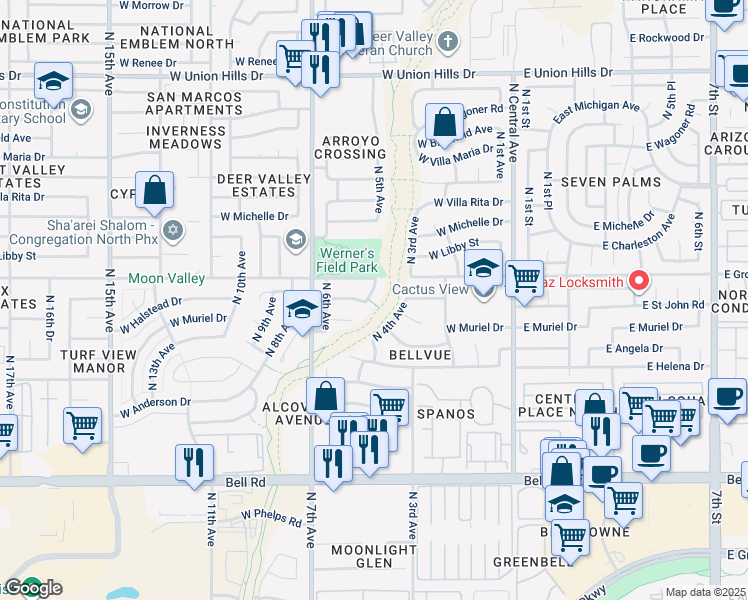 map of restaurants, bars, coffee shops, grocery stores, and more near 17627 North 5th Avenue in Phoenix