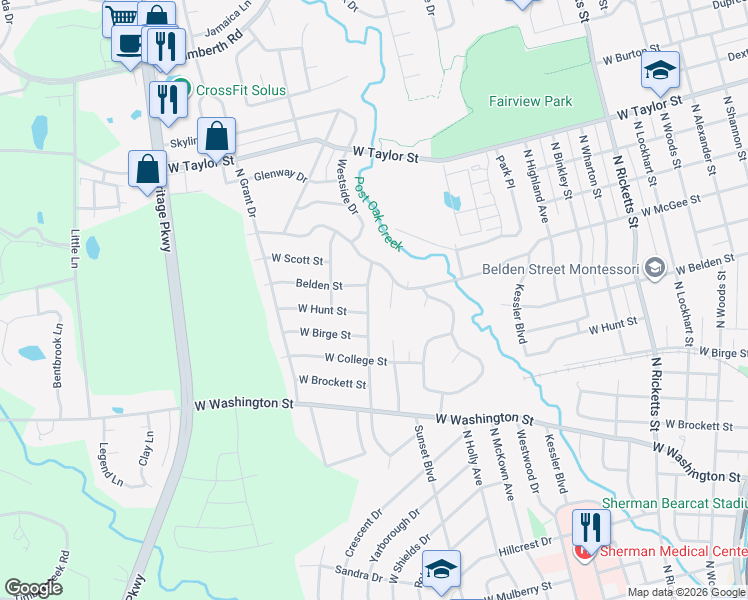 map of restaurants, bars, coffee shops, grocery stores, and more near 1207 Blanton Dr in Sherman