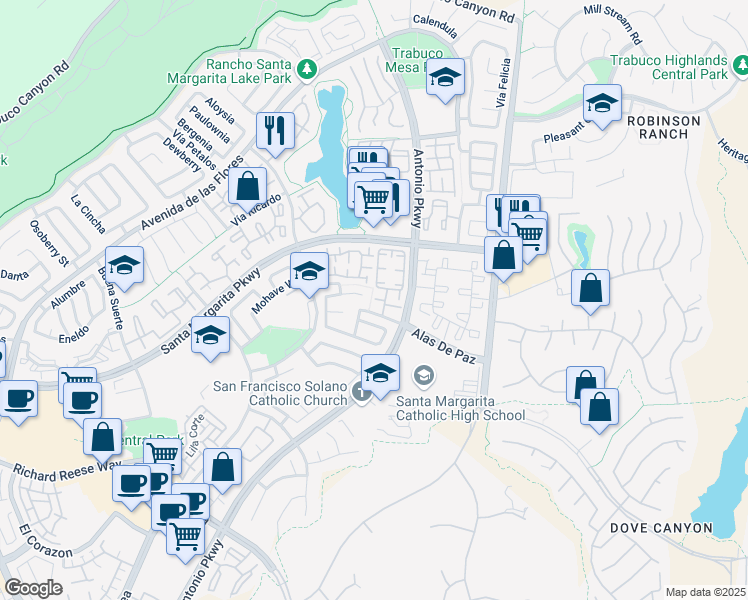 map of restaurants, bars, coffee shops, grocery stores, and more near 15 Vía Hermosa in Rancho Santa Margarita