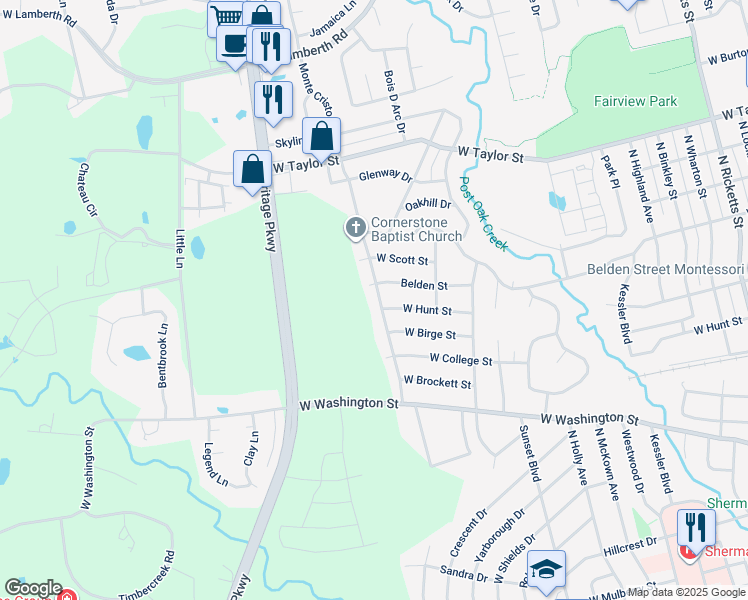 map of restaurants, bars, coffee shops, grocery stores, and more near 1204 North Grant Drive in Sherman