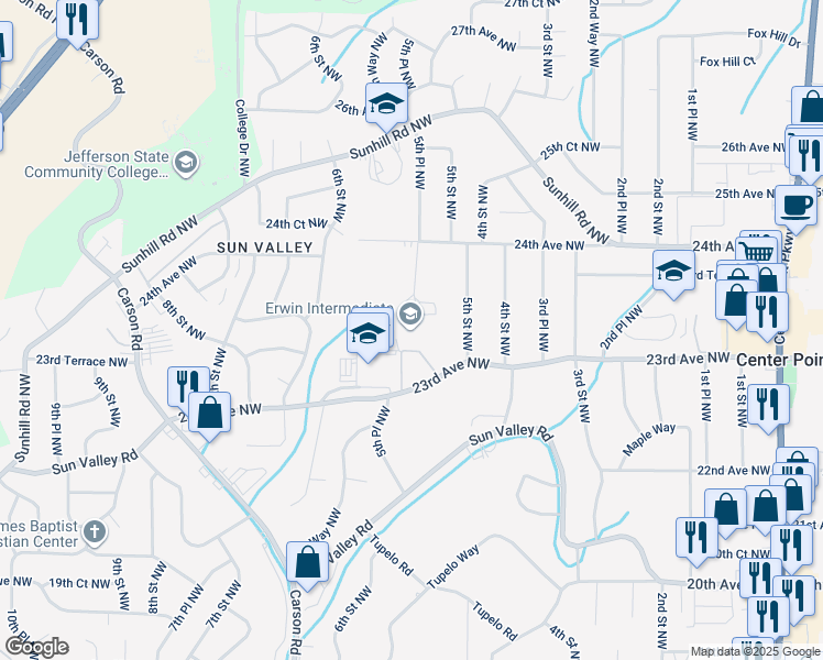 map of restaurants, bars, coffee shops, grocery stores, and more near 528 23rd Avenue Northwest in Center Point