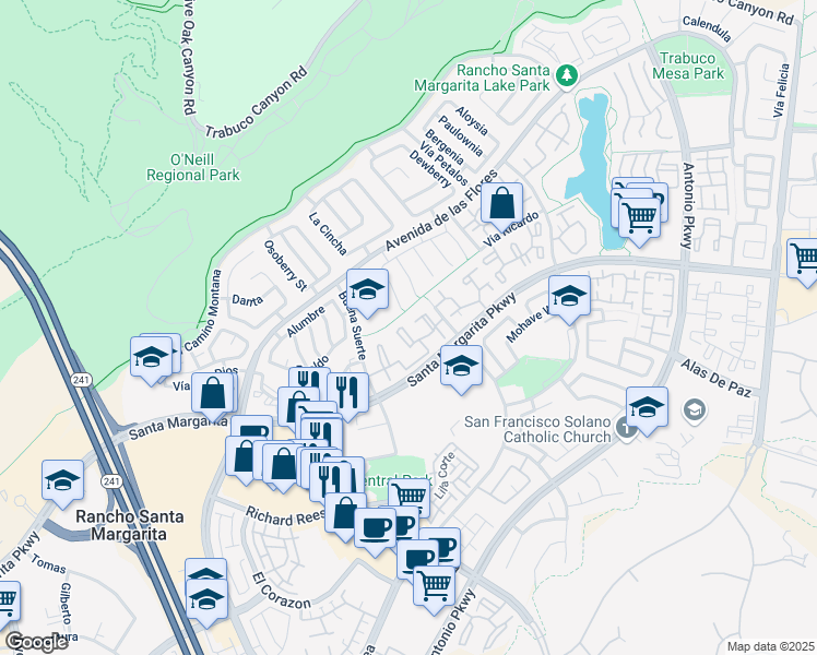 map of restaurants, bars, coffee shops, grocery stores, and more near 12 Cardinal in Rancho Santa Margarita