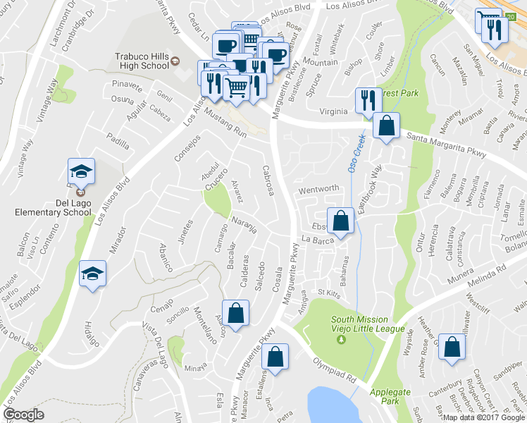 map of restaurants, bars, coffee shops, grocery stores, and more near 21782 Salado in Mission Viejo