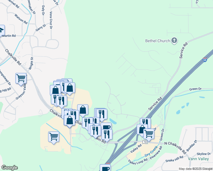 map of restaurants, bars, coffee shops, grocery stores, and more near 6490 Misty Ridge Drive in Birmingham