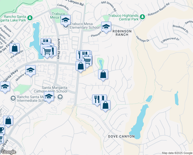 map of restaurants, bars, coffee shops, grocery stores, and more near 84 Hemingway Court in Trabuco Canyon