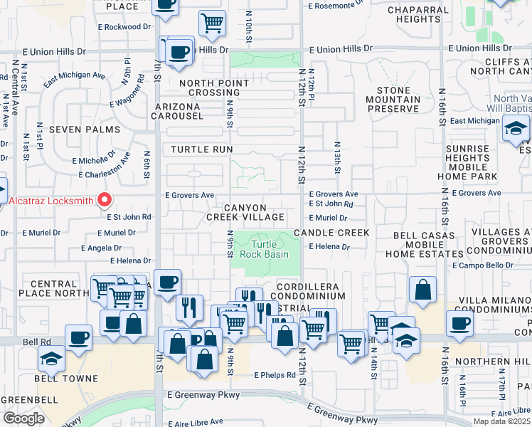 map of restaurants, bars, coffee shops, grocery stores, and more near 175 North 10th Street in Phoenix