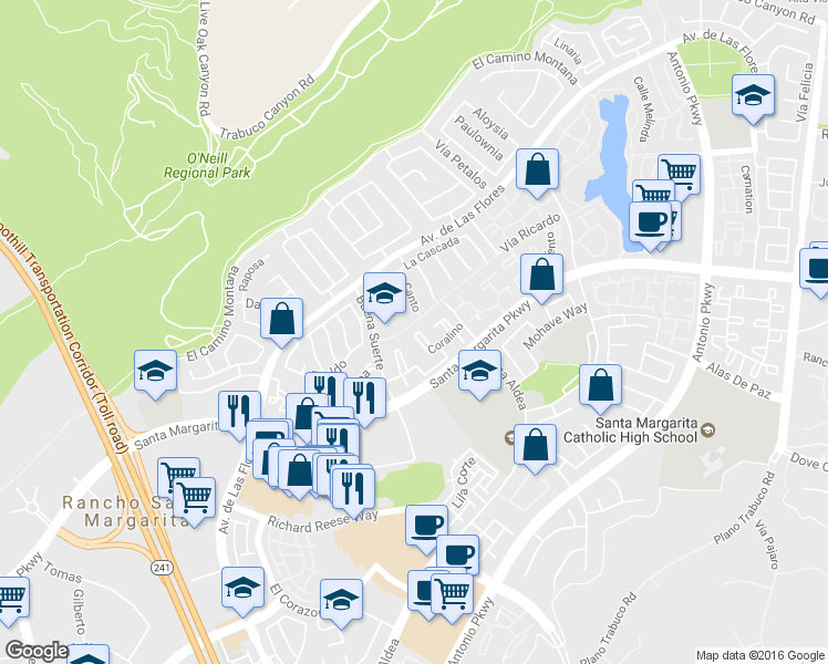 map of restaurants, bars, coffee shops, grocery stores, and more near 19 De Lila in Rancho Santa Margarita