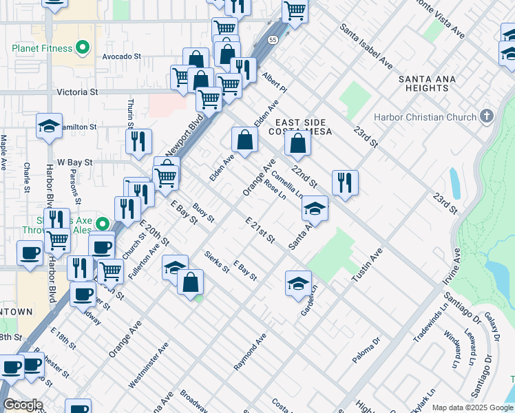map of restaurants, bars, coffee shops, grocery stores, and more near 224 Pauline Place in Costa Mesa