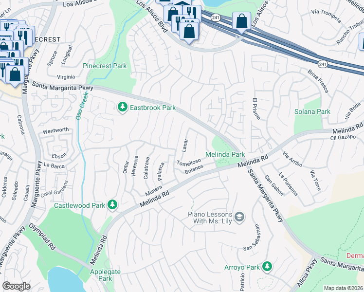 map of restaurants, bars, coffee shops, grocery stores, and more near 21751 Lanar in Mission Viejo