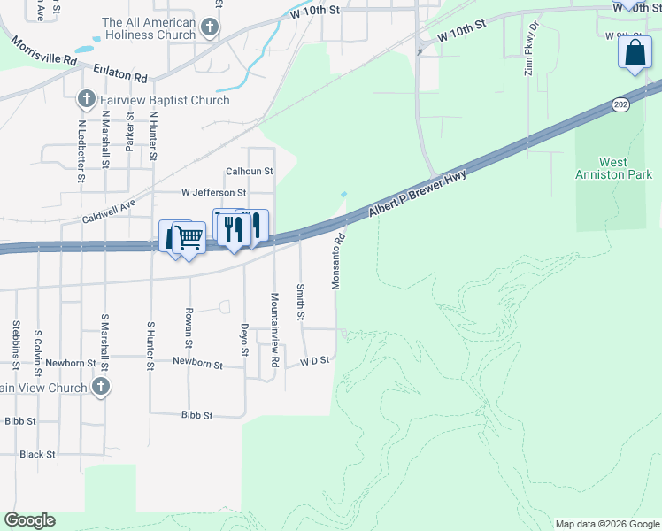 map of restaurants, bars, coffee shops, grocery stores, and more near 122 Monsanto Road in Anniston
