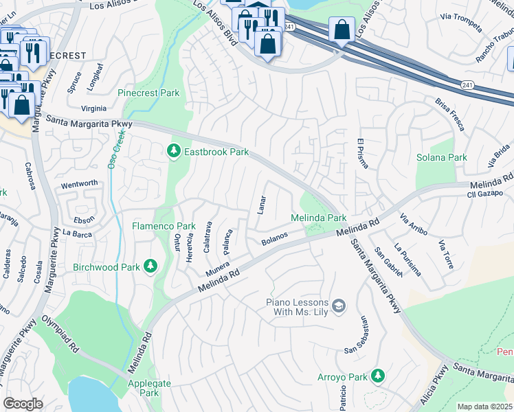 map of restaurants, bars, coffee shops, grocery stores, and more near 21751 Lanar in Mission Viejo