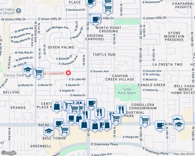 map of restaurants, bars, coffee shops, grocery stores, and more near North 8th Street in Phoenix