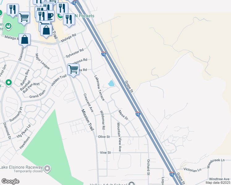 map of restaurants, bars, coffee shops, grocery stores, and more near Mesa Drive in Lake Elsinore