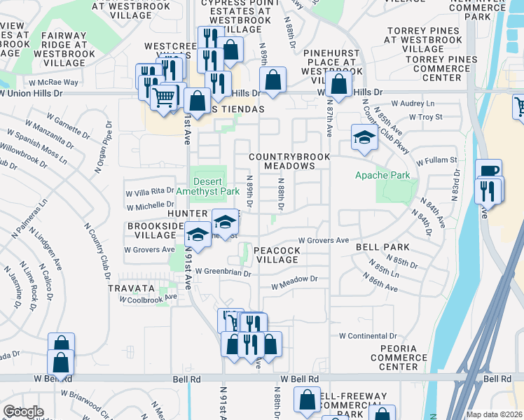 map of restaurants, bars, coffee shops, grocery stores, and more near 17959 North 89th Drive in Peoria
