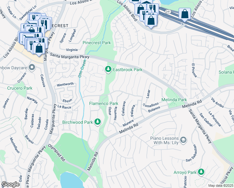 map of restaurants, bars, coffee shops, grocery stores, and more near 21755 Herencia in Mission Viejo