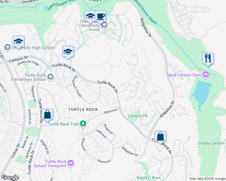 map of restaurants, bars, coffee shops, grocery stores, and more near 12 Rippling Stream in Irvine