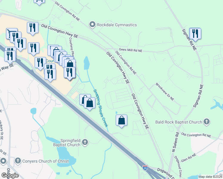 map of restaurants, bars, coffee shops, grocery stores, and more near 1959 Old Covington Highway Southeast in Conyers