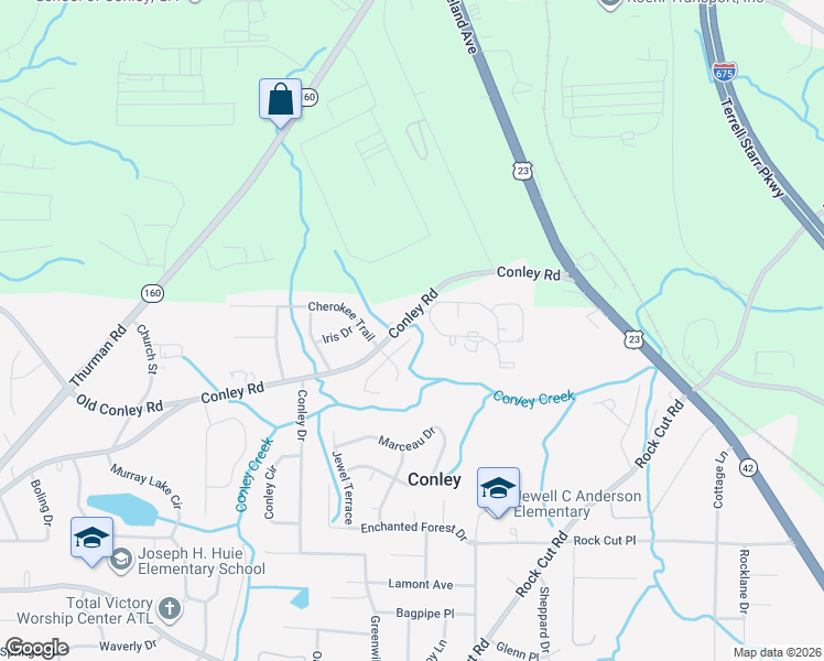 map of restaurants, bars, coffee shops, grocery stores, and more near 1625 Conley Road in Conley