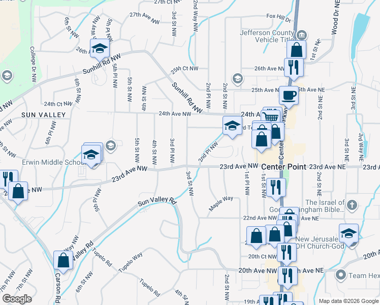 map of restaurants, bars, coffee shops, grocery stores, and more near 2313 3rd Street Northwest in Center Point