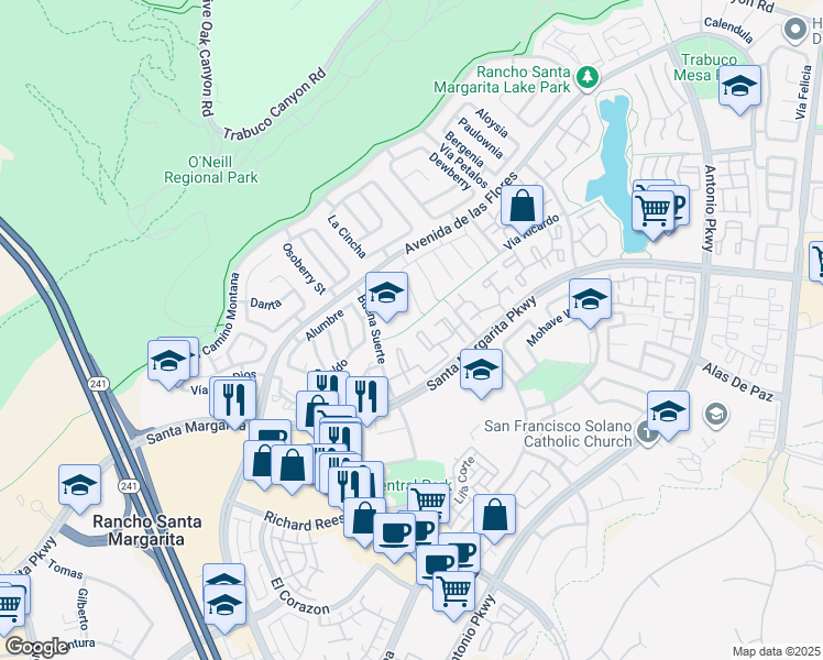 map of restaurants, bars, coffee shops, grocery stores, and more near 19 De Lila in Rancho Santa Margarita