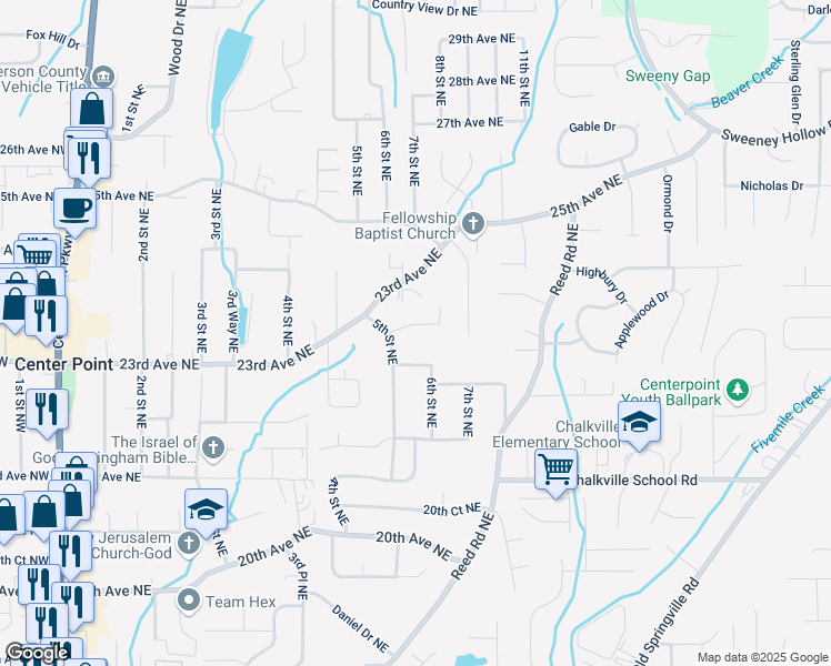 map of restaurants, bars, coffee shops, grocery stores, and more near 513 22nd Lane Northeast in Center Point