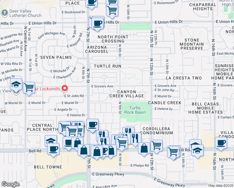 map of restaurants, bars, coffee shops, grocery stores, and more near 17617 North 9th Street in Phoenix