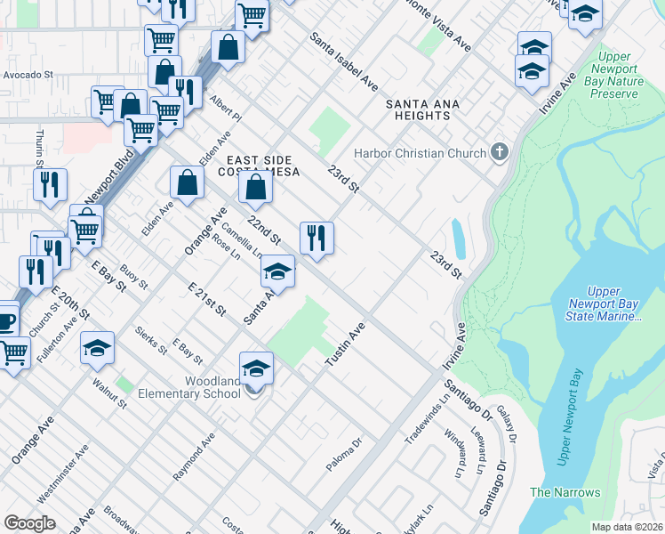 map of restaurants, bars, coffee shops, grocery stores, and more near 311 Costa Bella Court in Costa Mesa