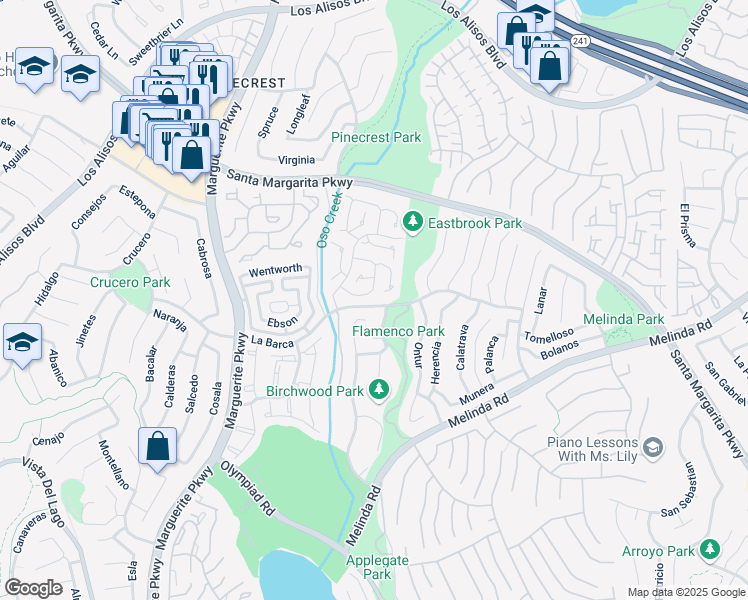 map of restaurants, bars, coffee shops, grocery stores, and more near 21726 Alderbrook in Mission Viejo
