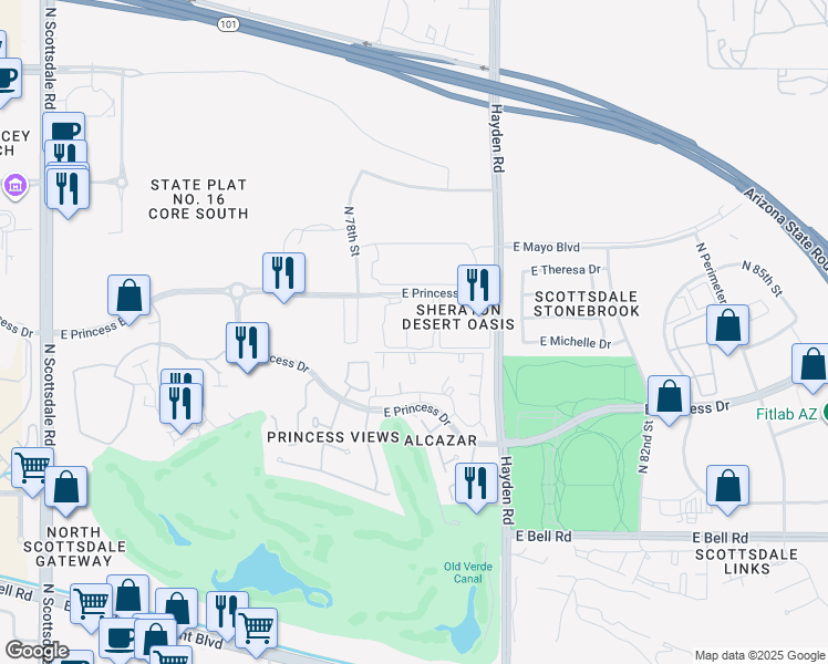 map of restaurants, bars, coffee shops, grocery stores, and more near 7887 East Princess Boulevard in Scottsdale