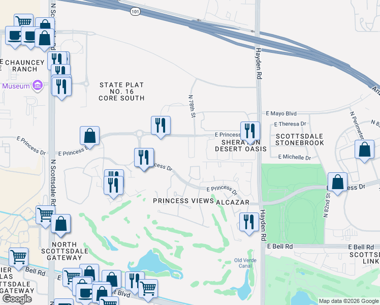 map of restaurants, bars, coffee shops, grocery stores, and more near 17628 North 77th Way in Scottsdale