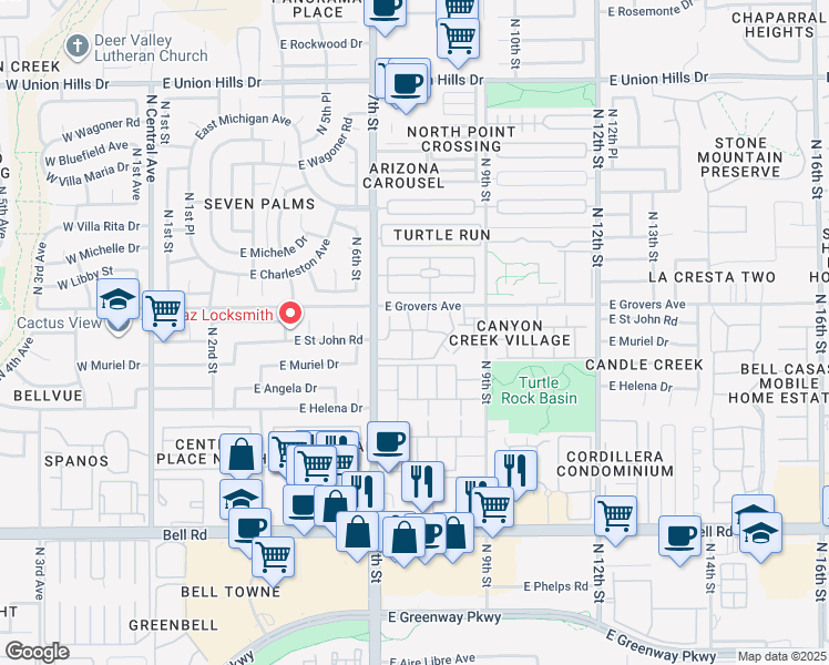 map of restaurants, bars, coffee shops, grocery stores, and more near North 8th Street in Phoenix
