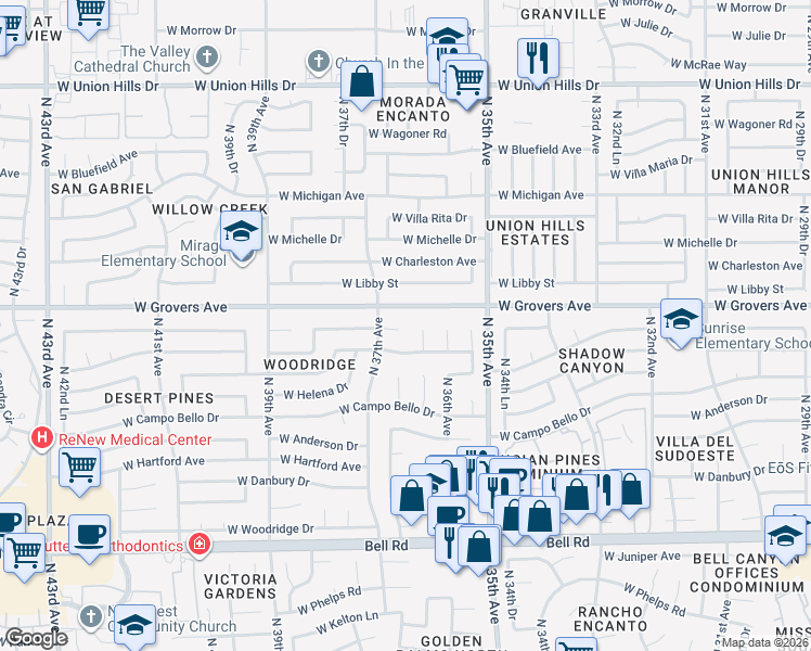 map of restaurants, bars, coffee shops, grocery stores, and more near 17637 North 36th Drive in Glendale
