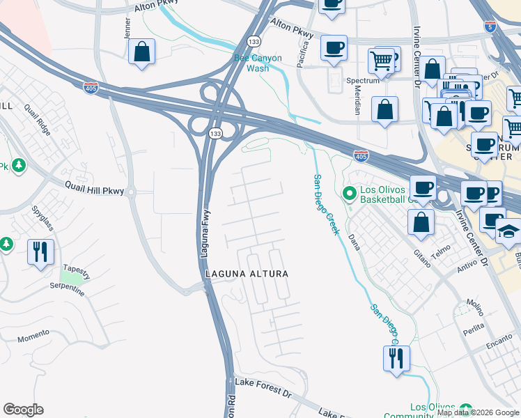 map of restaurants, bars, coffee shops, grocery stores, and more near 62 Bianco in Irvine