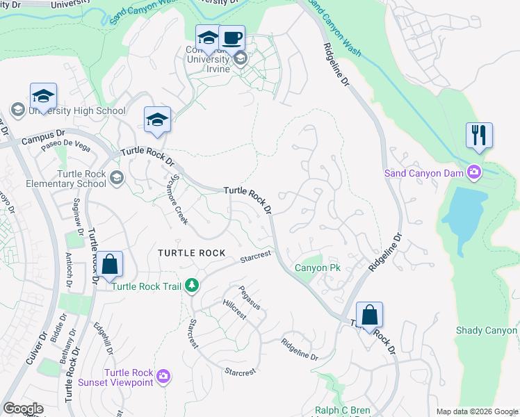 map of restaurants, bars, coffee shops, grocery stores, and more near 12 Rippling Stream in Irvine