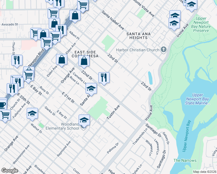 map of restaurants, bars, coffee shops, grocery stores, and more near 336 22nd Street in Costa Mesa