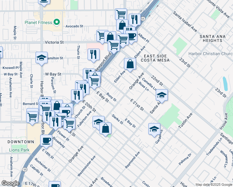 map of restaurants, bars, coffee shops, grocery stores, and more near 169 East 21st Street in Costa Mesa
