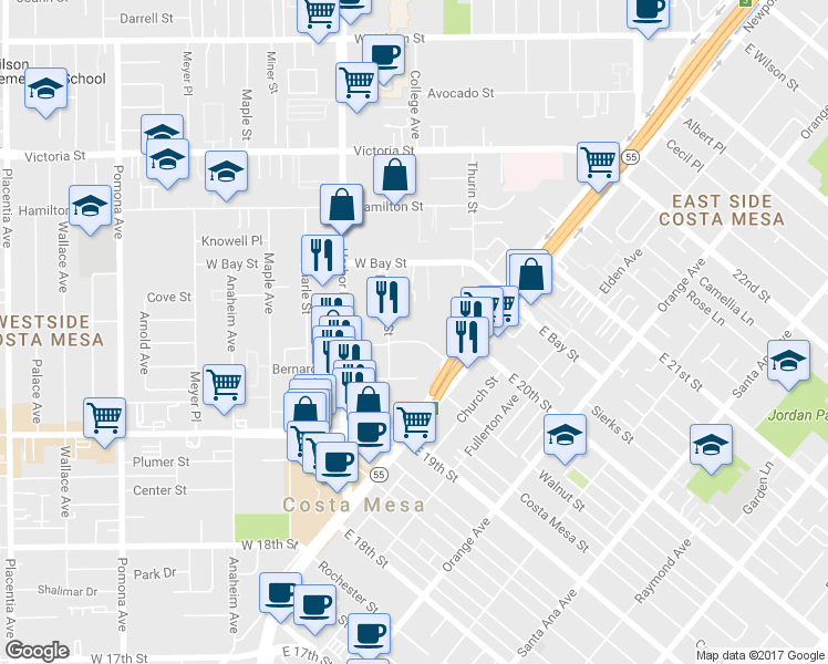 map of restaurants, bars, coffee shops, grocery stores, and more near 412 Ford Road in Costa Mesa