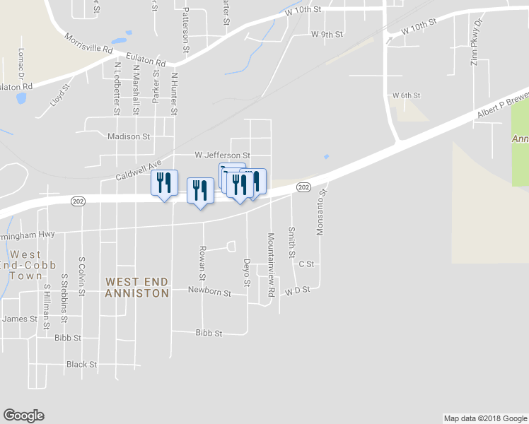 map of restaurants, bars, coffee shops, grocery stores, and more near 116 Mountainview Road in Anniston